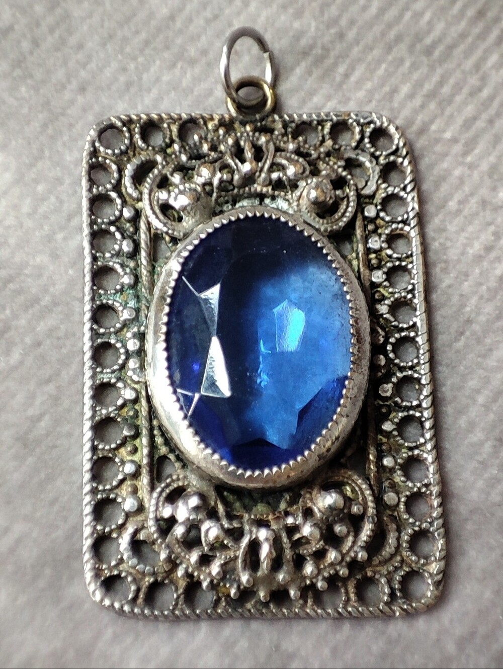 Art Deco Facet Blue Glass Vintage Antique Silver Tone Filigree Pendant Sterling?